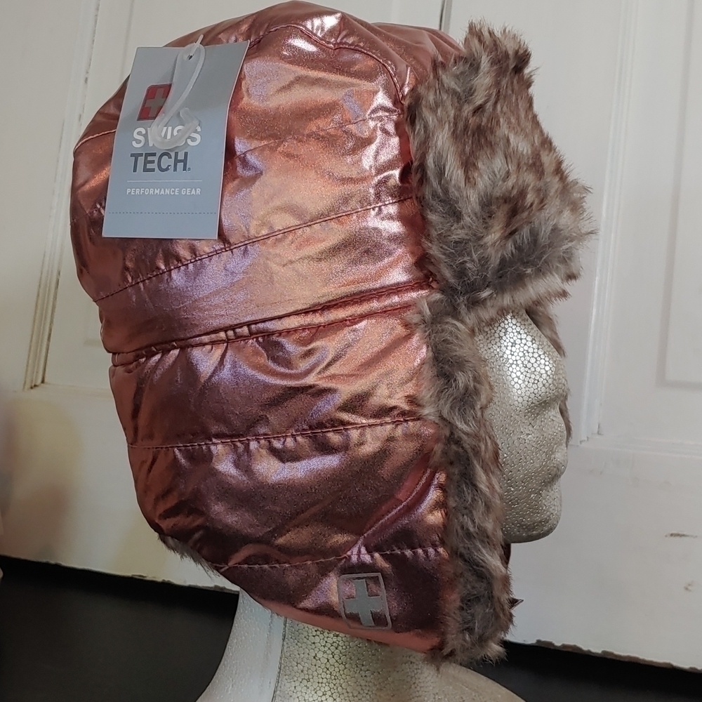 Swiss Tech Pink Metallic Faux Fur Trapper Hat Chin Strap Secure